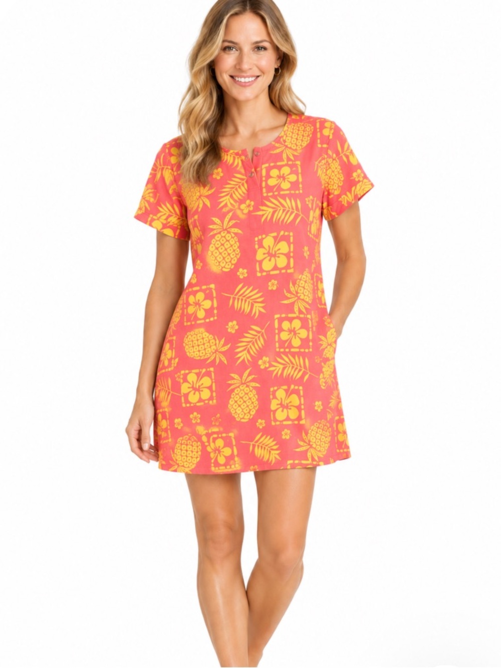 CALYPSO Orange Yellow Pineapple Tropical Print Short Sleeve Cotton Dress M NWOT